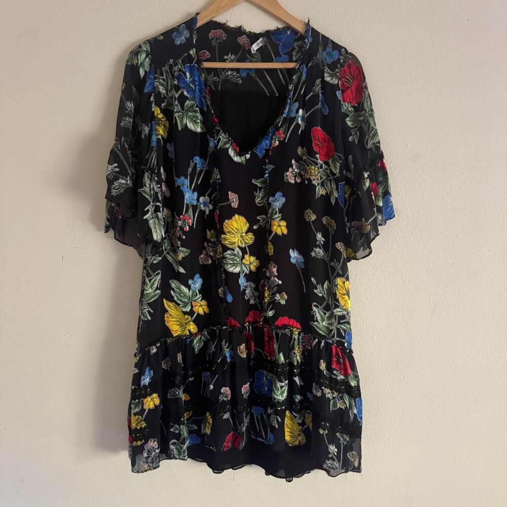 Alice + Olivia Pauline Seine Garden Black Silk Floral Tunic Mini Dress M Ruffle